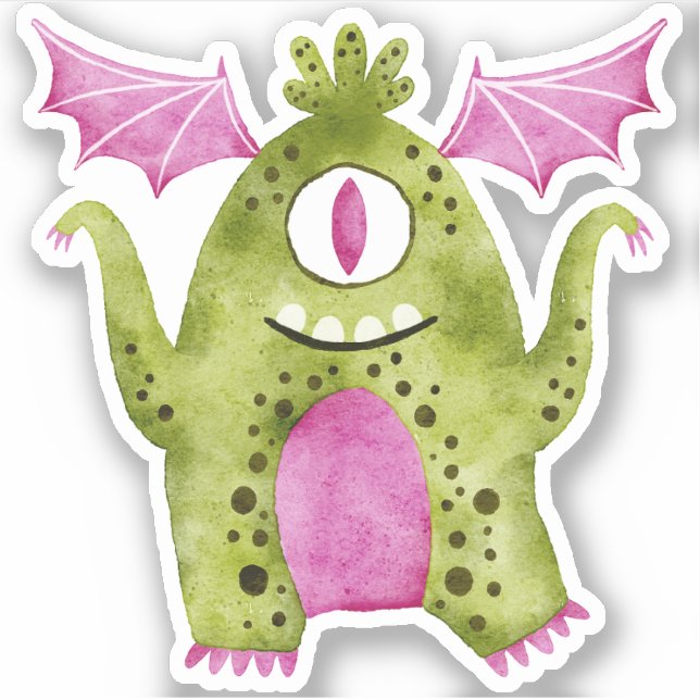 Cute Green and Pink One Eyed Monster with Wings (Front)