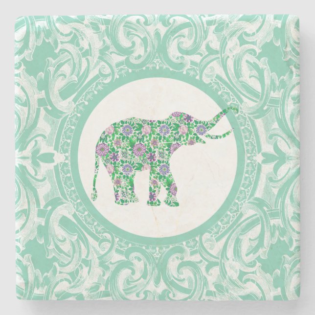 Cute Green And Purple Floral Elephant Stone Coaster (Front)