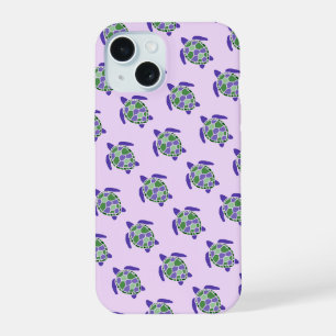 Cute Green and Purple Sea Turtle Nautical Pattern iPhone 15 Case
