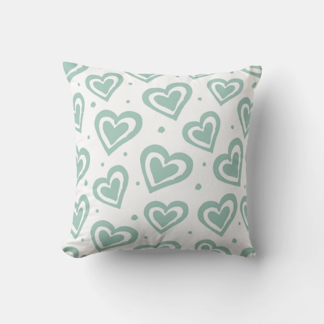 Cute Green and White Heart Pattern Cushion (Front)