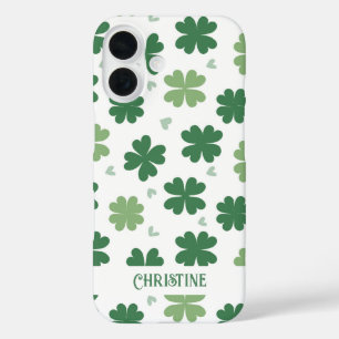 Cute Green and White Shamrocks and Hearts iPhone 16 Case