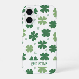 Cute Green and White Shamrocks and Hearts iPhone 16 Case
