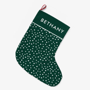 Cute Green And White Snow Pattern Custom Name Large Christmas Stocking