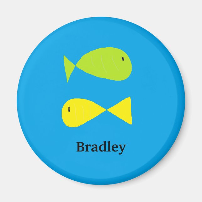 Cute green and yellow fishes on blue magnet (Front)