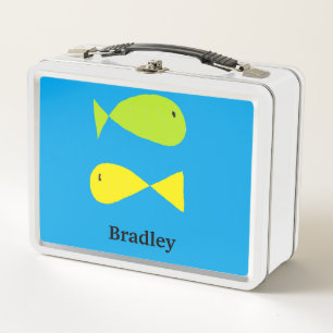 Cute green and yellow fishes on blue metal lunch box