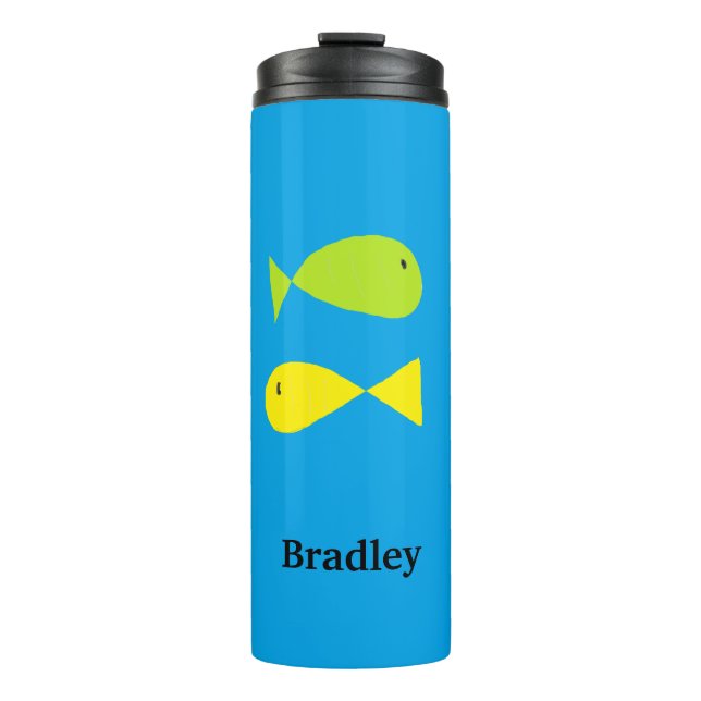 Cute green and yellow fishes on blue thermal tumbler (Front)