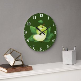 Cute green apple lover kitchen decor large clock