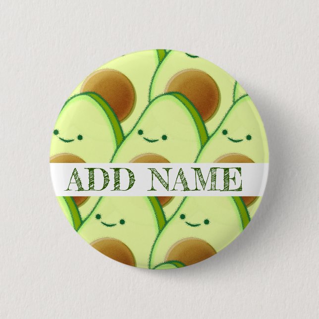 Cute Green Avocado All Over Drawing Custom Name 6 Cm Round Badge (Front)