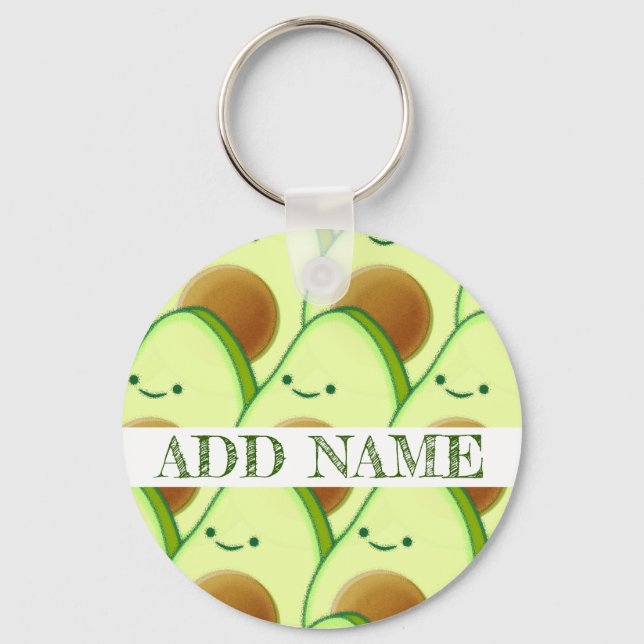 Cute Green Avocado All Over Drawing Custom Name Key Ring (Front)