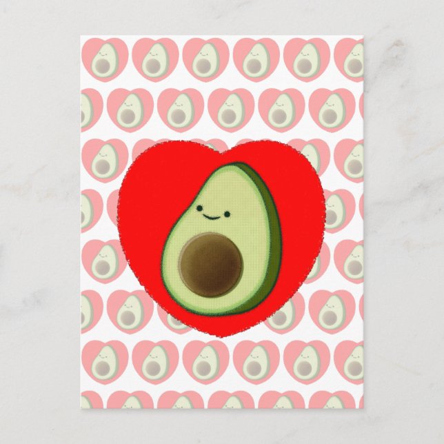 Cute Green Avocado Cartoon In Red Heart Postcard (Front)