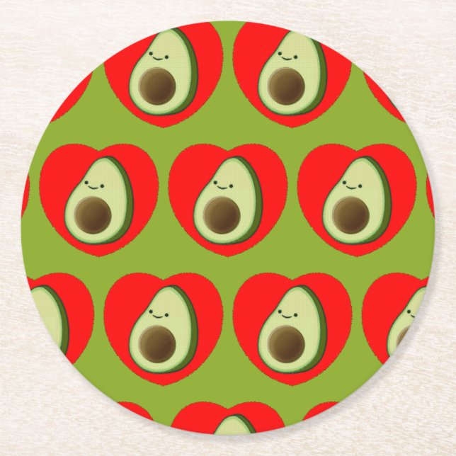 Cute Green Avocado Cartoon In Red Heart Round Paper Coaster (Front)