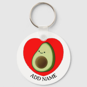 Cute Green Avocado In Red Heart Custom Name Key Ring