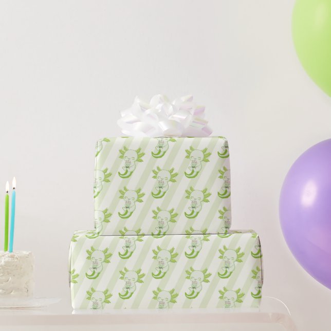 Cute Green Axolotl Boba Tea Kids Birthday Party Wrapping Paper (Party Gifts)