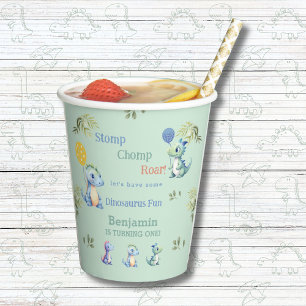 Cute Green Baby Boy Dinosaur 1st Birthday Party Paper Cups