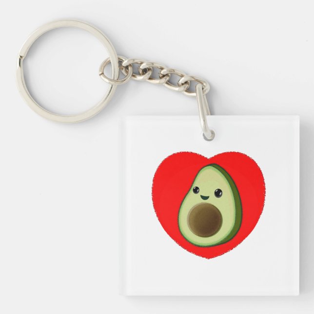 Cute Green Baby Cartoon Avocado In Red Heart Key Ring (Front)