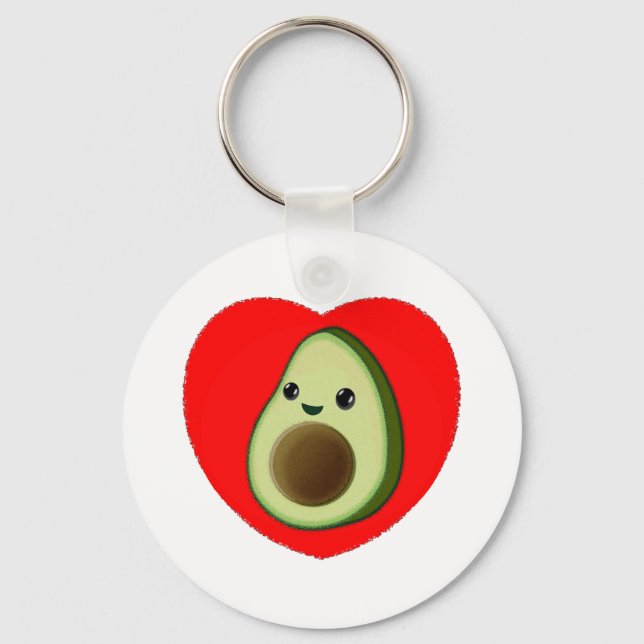 Cute Green Baby Cartoon Avocado In Red Heart Key Ring (Front)