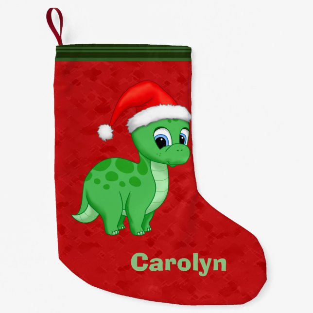 Cute Green Baby Dinosaur with Santa Hat Small Christmas Stocking (Front)