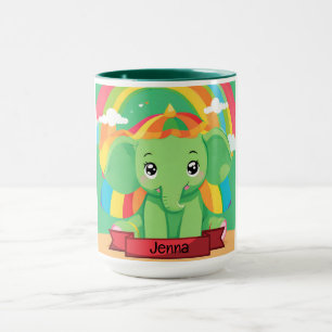 Cute Green Baby Elephant Rainbow Custom Name Mug