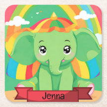 Cute Green Baby Elephant Rainbow Custom Name