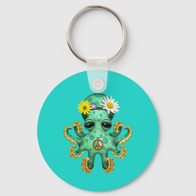 Cute Green Baby Octopus Hippie Key Ring (Front)