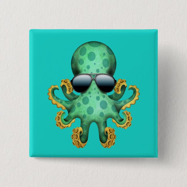 Cute Green Baby Octopus Wearing Sunglasses 15 Cm Square Badge (Front)