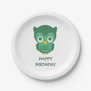 Cute Green Baby Owl-Happy Birthday Paper Plate