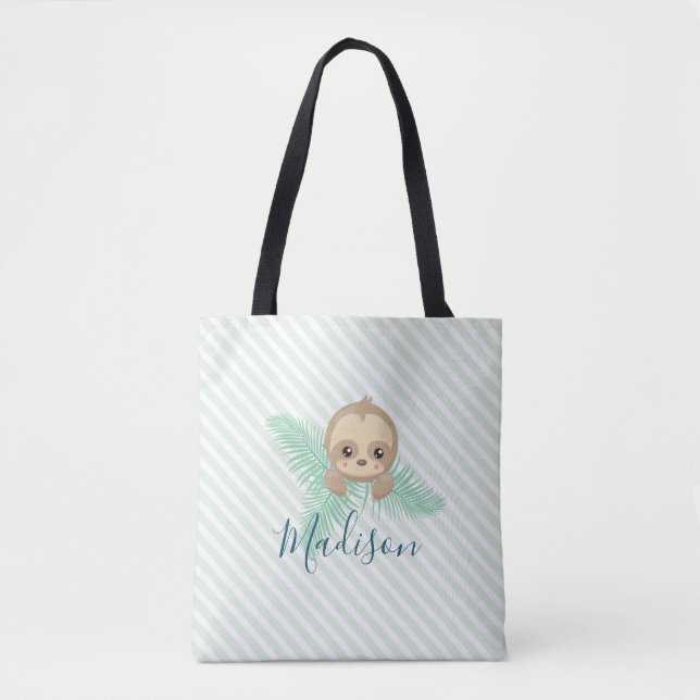 Cute Green Baby Sloth Monogram Tote Bag (Front)