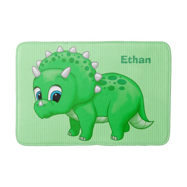 Cute Green Baby Triceratops Dinosaur Bath Mat (Front)