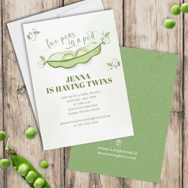 Cute Green Baby Twins Botanical Two Peas in a Pod Invitation (Creator Uploaded)