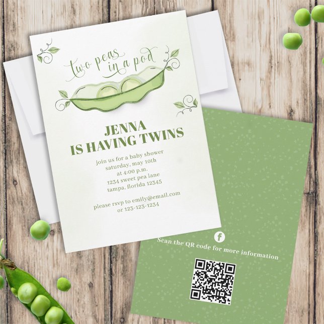 Cute Green Baby Twins Two Peas in a Pod | QR Code  Invitation (Creator Uploaded)