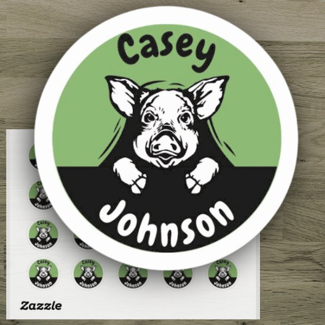 Cute Green Back to School Peeking Pig Name Classic Round Sticker (Creator Uploaded)
