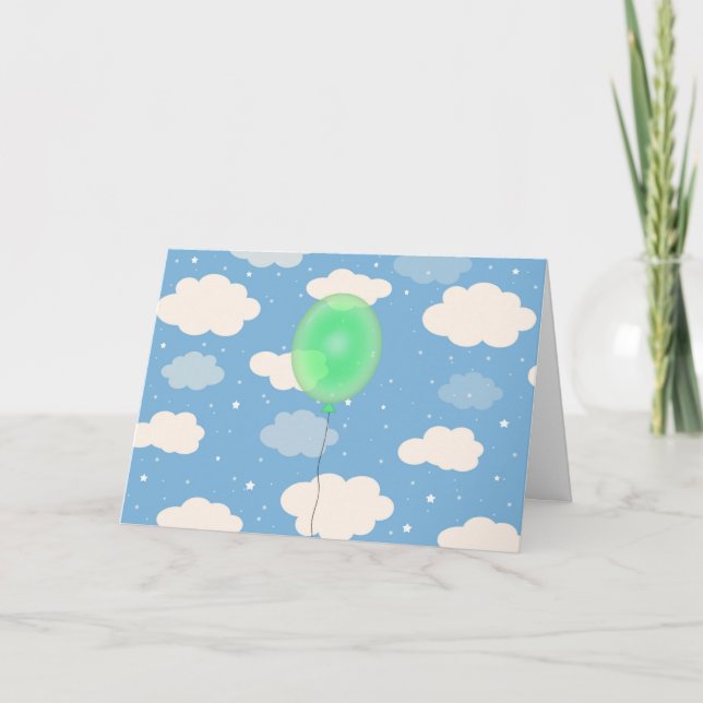 Cute Green Balloon and a Cheerful Sky Birthday Card (Front)