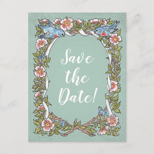 Cute Green Bird Floral Country Rustic Save Date   Announcement Postcard (Front)