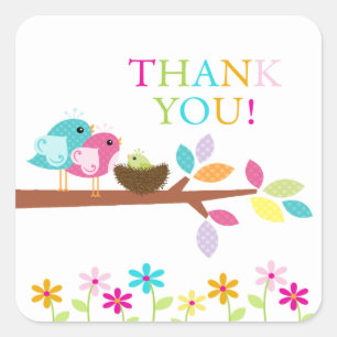 Cute Green Bird Nest Thank You Baby Shower Square Square Sticker