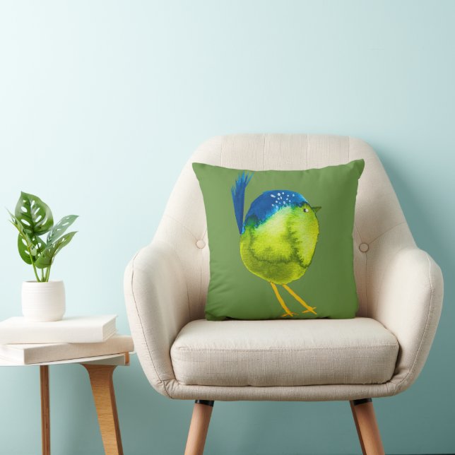 Cute green bird watercolor cushion (Chair)