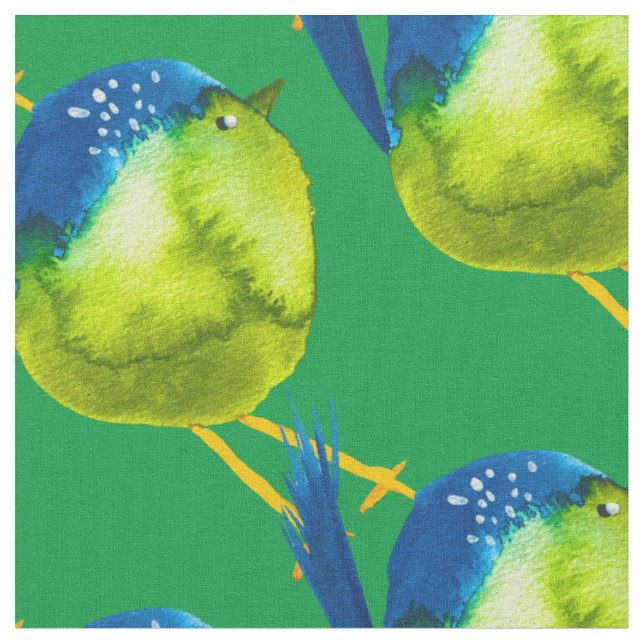 Cute green bird watercolor fabric (Close Up)