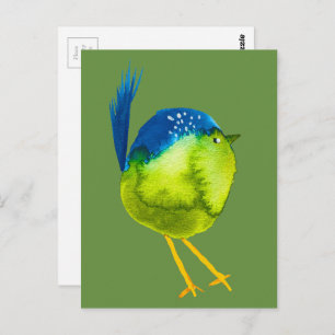 Cute green bird watercolor postcard