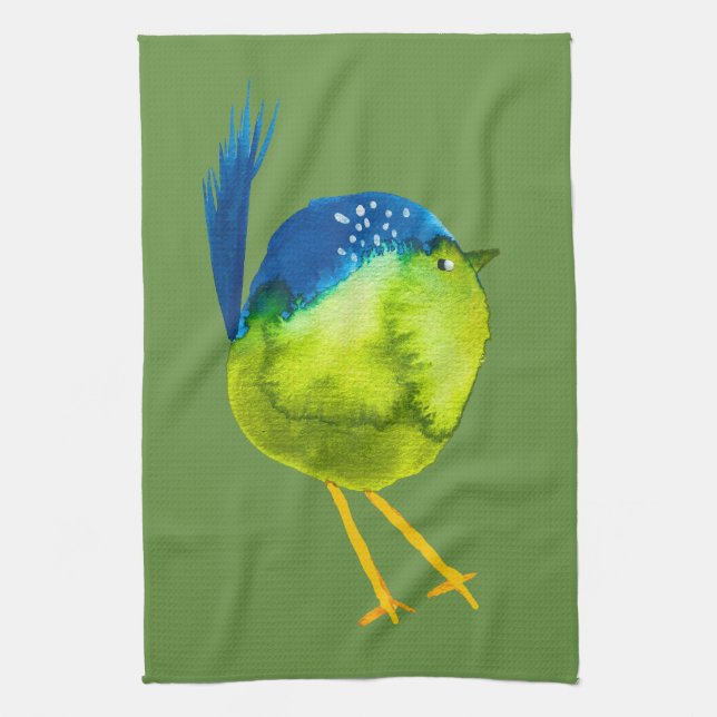 Cute green bird watercolor tea towel (Vertical)