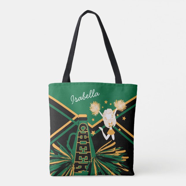 Cute Green, Black and Gold Cheerleader Design Tote Bag (Back)