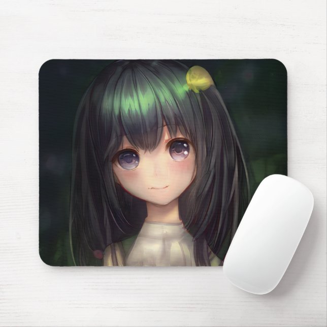 Cute Green Black Hair Manga Girl Waifu Kawaï Anime Mouse Mat (With Mouse)