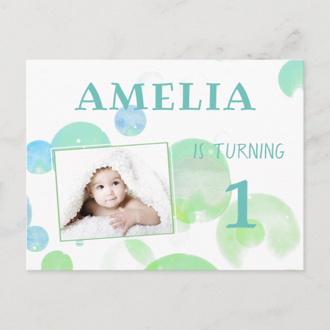Cute Green Blue Bubbles 1st Birthday Party Photo Invitation Postcard (Front)