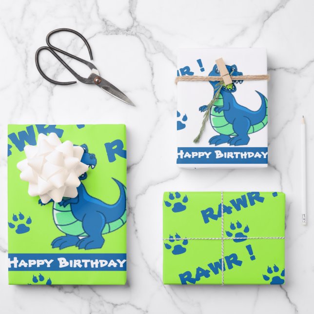 Cute Green Blue Dinosaur Paw Rawr Gift Wrapping Paper Sheet (Front)