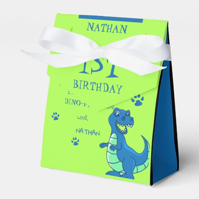 Cute Green Blue Dinosaur Themed Birthday Favour Bo Favour Box (Front Side)