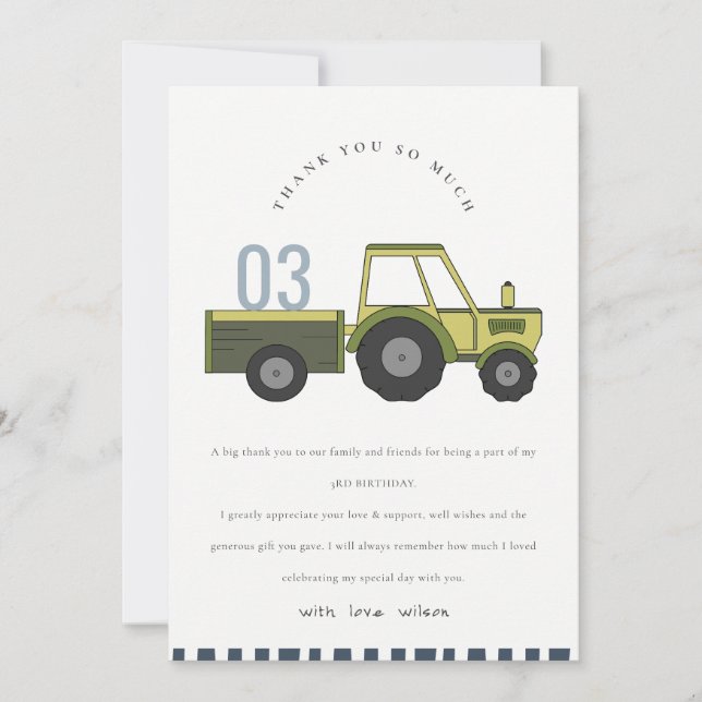 Cute Green Blue Farm Tractor Kids Any Age Birthday Thank You Card (Front)
