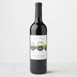 Cute Green Blue Farm Tractor Kids Any Age Birthday Wine Label