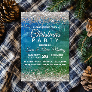 Cute green blue faux gold glitter Christmas  Invitation