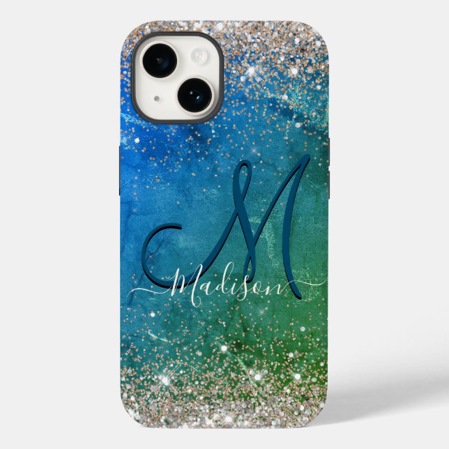 Cute green blue faux gold glitter monogram Case-Mate iPhone case (Back)