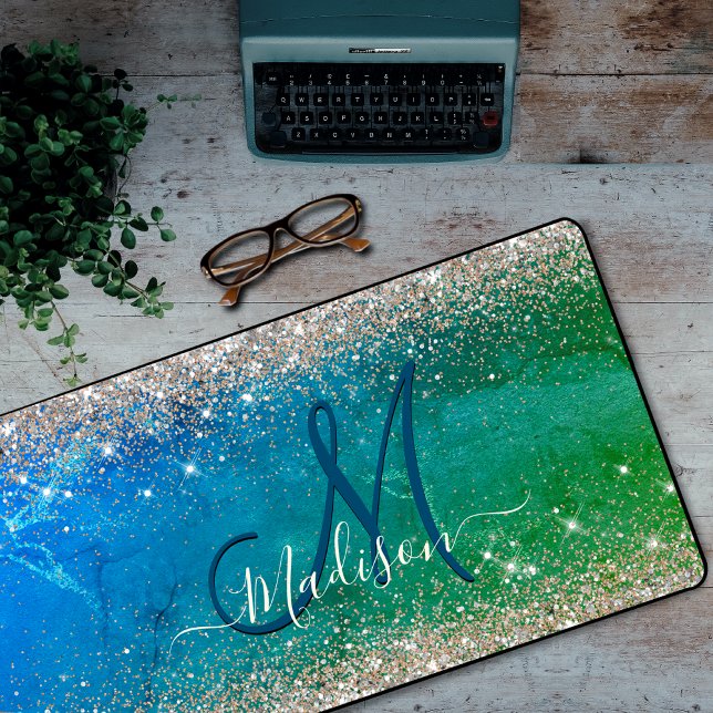 Cute green blue faux gold glitter monogram desk mat (Creator Uploaded)