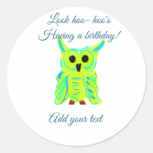 Cute green blue pastel owl pun add text birthday t classic round sticker