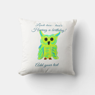 Cute green blue pastel owl pun add text birthday t cushion